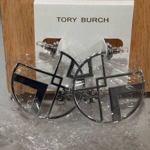 Tory Burch Silver Hoop Earrings with Black Enamel Accents